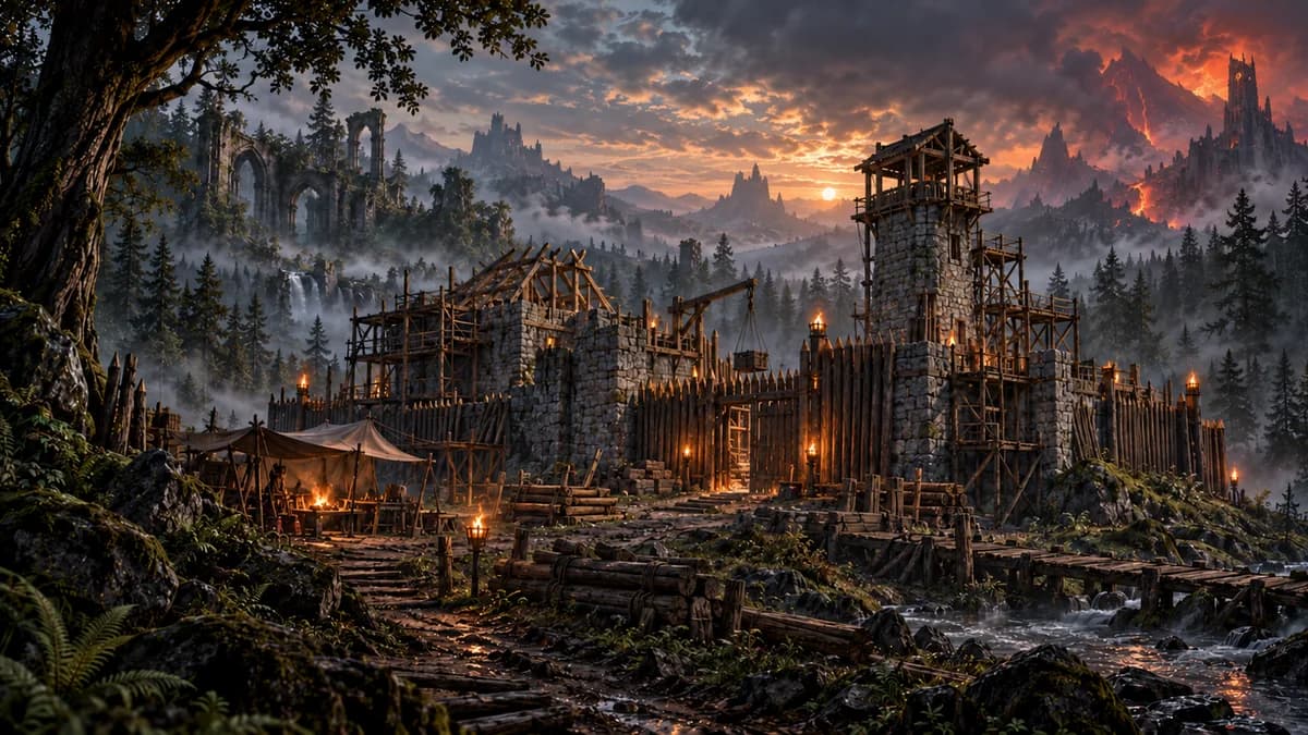 A fortified settlement in a rugged magical wilderness