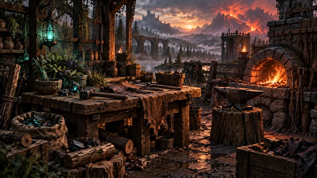 A firelit fantasy workshop with tools and crafting materials