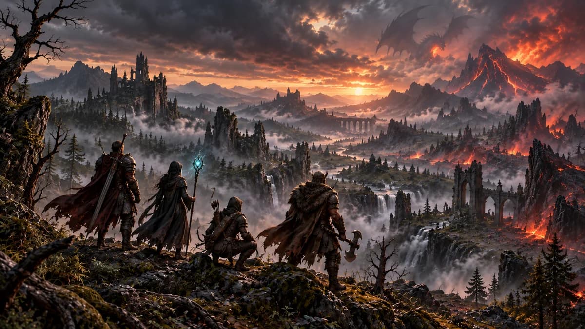 A party of adventurers looking across a volcanic fantasy landscape