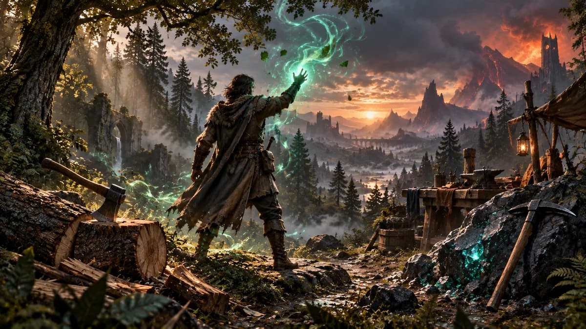An adventurer channeling teal magic in a dark forest