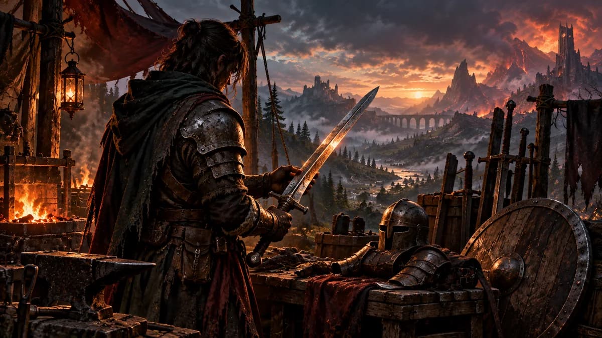 Fantasy weapons and armor arranged beside an ember-lit forge